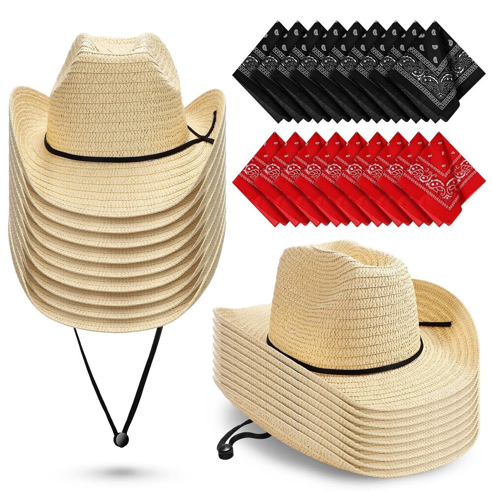 9746 Cowboy Hat and Bandana Set - 18 Set Straw Cowboy Hats and Bandanas
